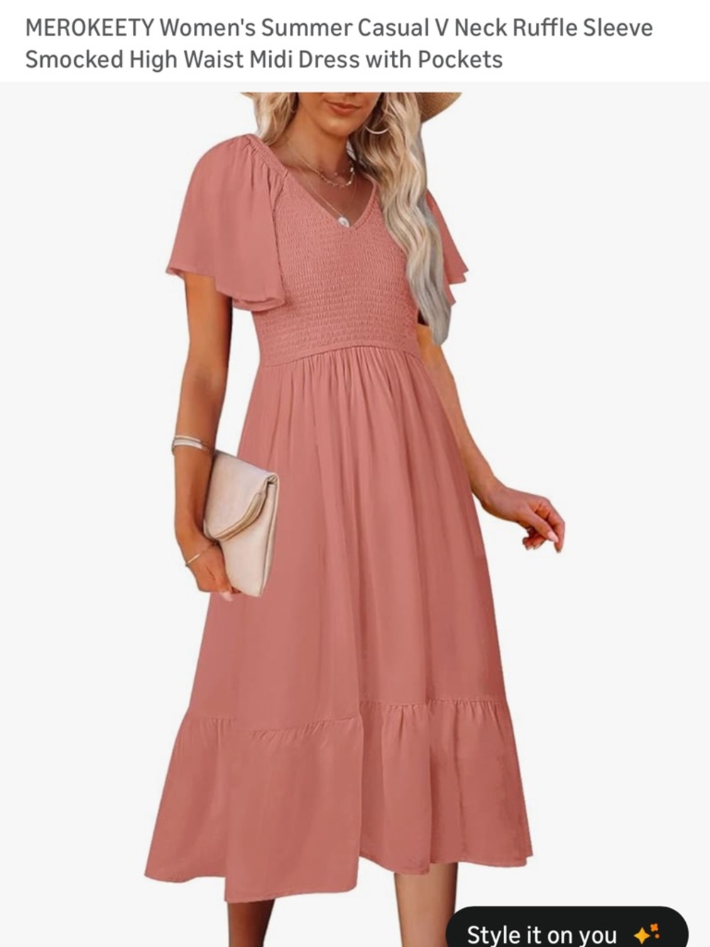 Merokeety Dusty Rose V-Neck Smocked Midi Dress with Ruffle Sleeves